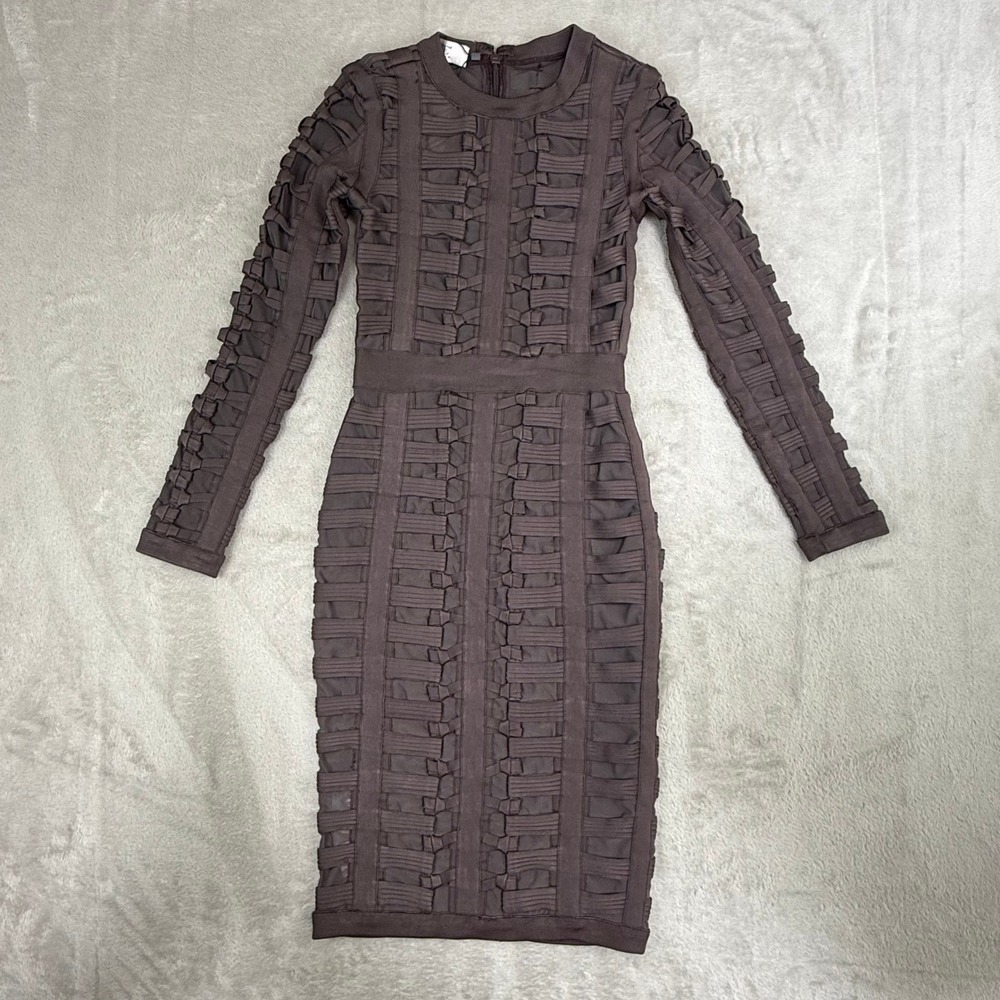 House of CB Lola Bandage Dress Womens S Brown Long Sleeve Mesh Cage NEW